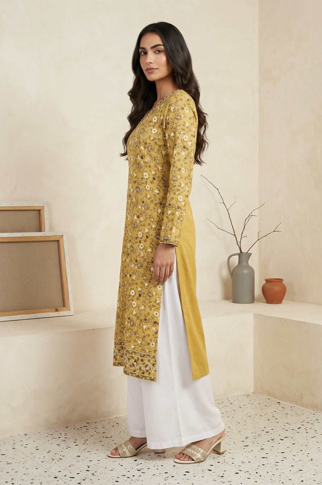 Mustard Floral Printed Thread Work Acrylic Straight Kurta for Winter