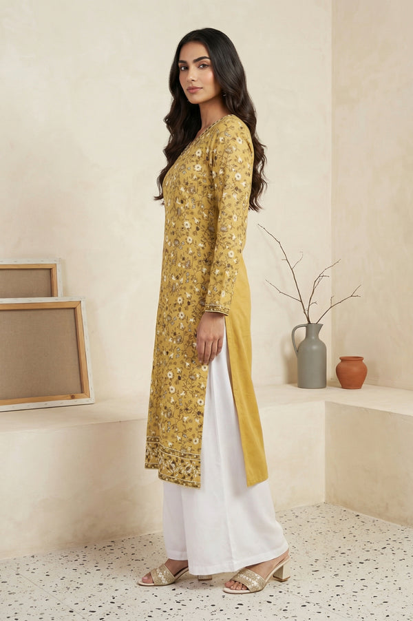 Mustard Floral Printed Thread Work Acrylic Straight Kurta for Winter