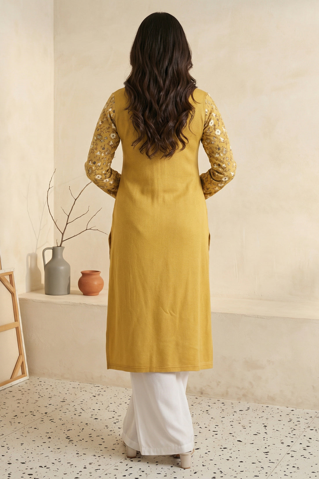 Mustard Floral Printed Thread Work Acrylic Straight Kurta for Winter