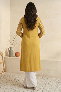 Mustard Floral Printed Thread Work Acrylic Straight Kurta for Winter