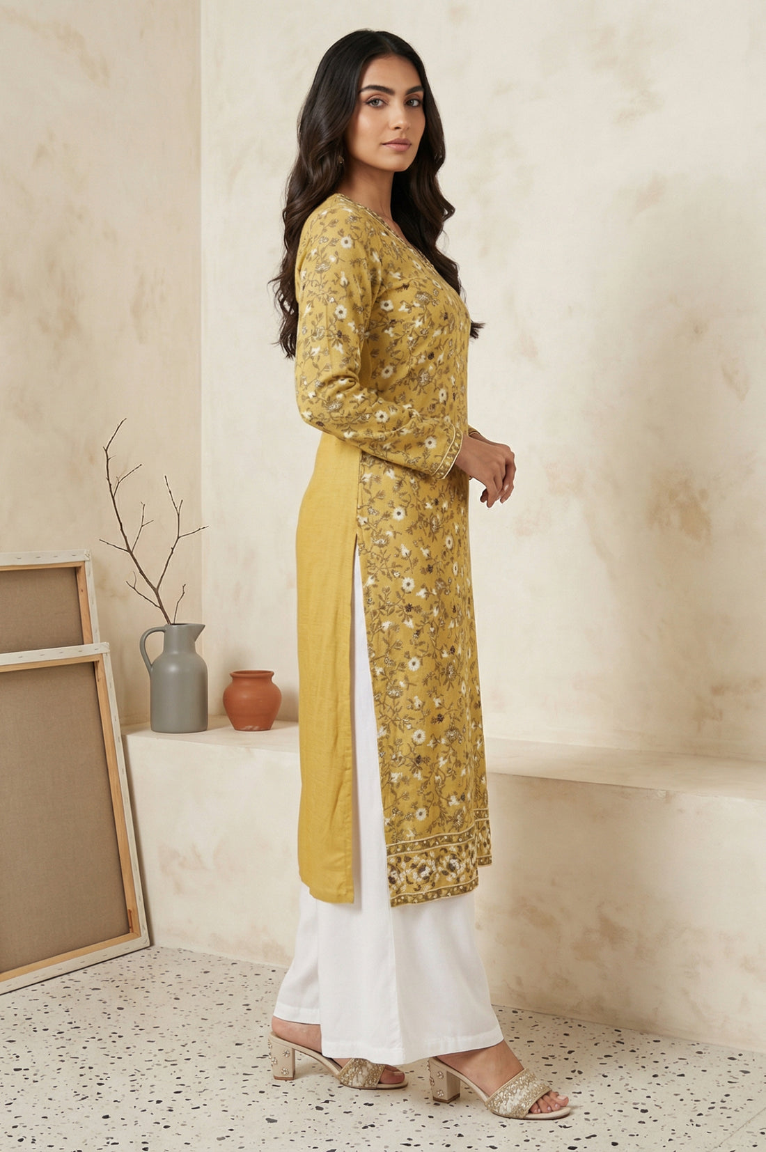 Mustard Floral Printed Thread Work Acrylic Straight Kurta for Winter