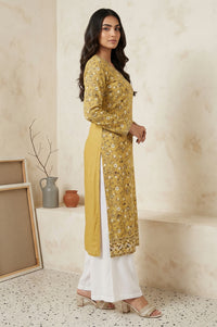 Mustard Floral Printed Thread Work Acrylic Straight Kurta for Winter