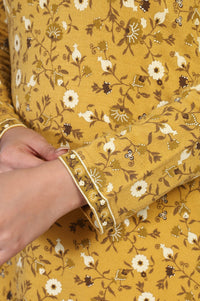 Mustard Floral Printed Thread Work Acrylic Straight Kurta for Winter