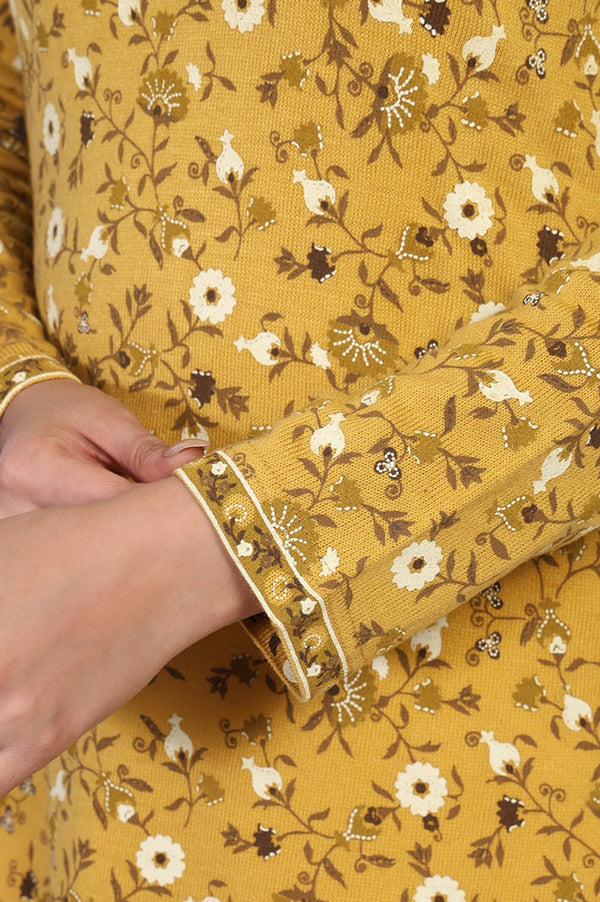 Mustard Floral Printed Thread Work Acrylic Straight Kurta for Winter