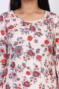 Off-White Floral Printed Straight Kurta