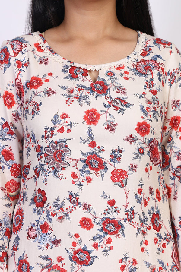 Off-White Floral Printed Straight Kurta