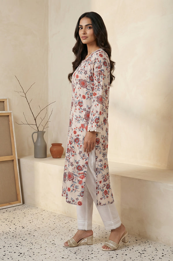 Off-White Floral Printed Straight Kurta
