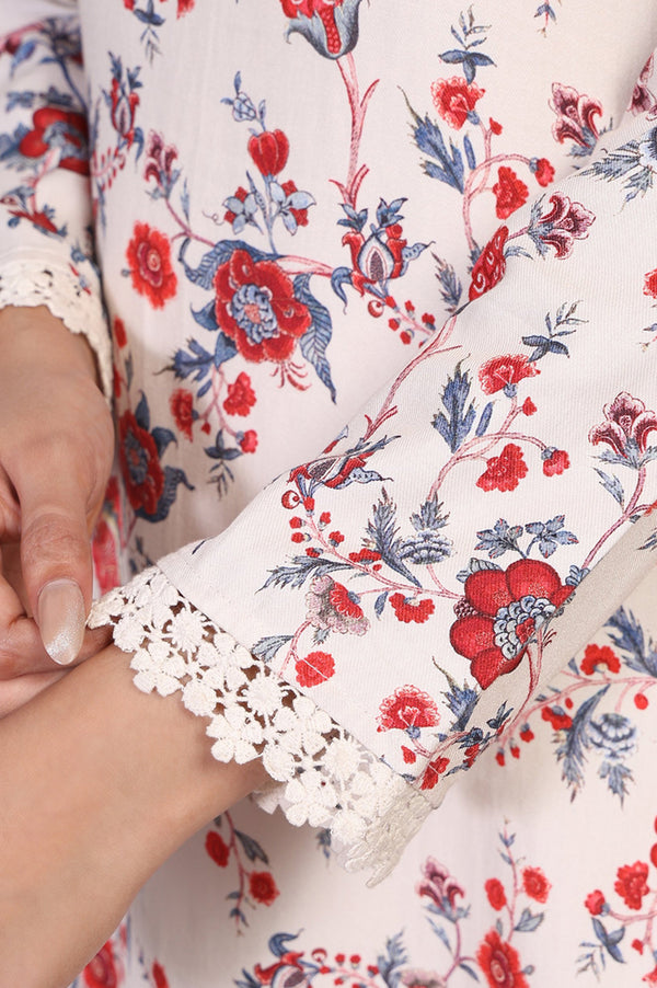 Off-White Floral Printed Straight Kurta