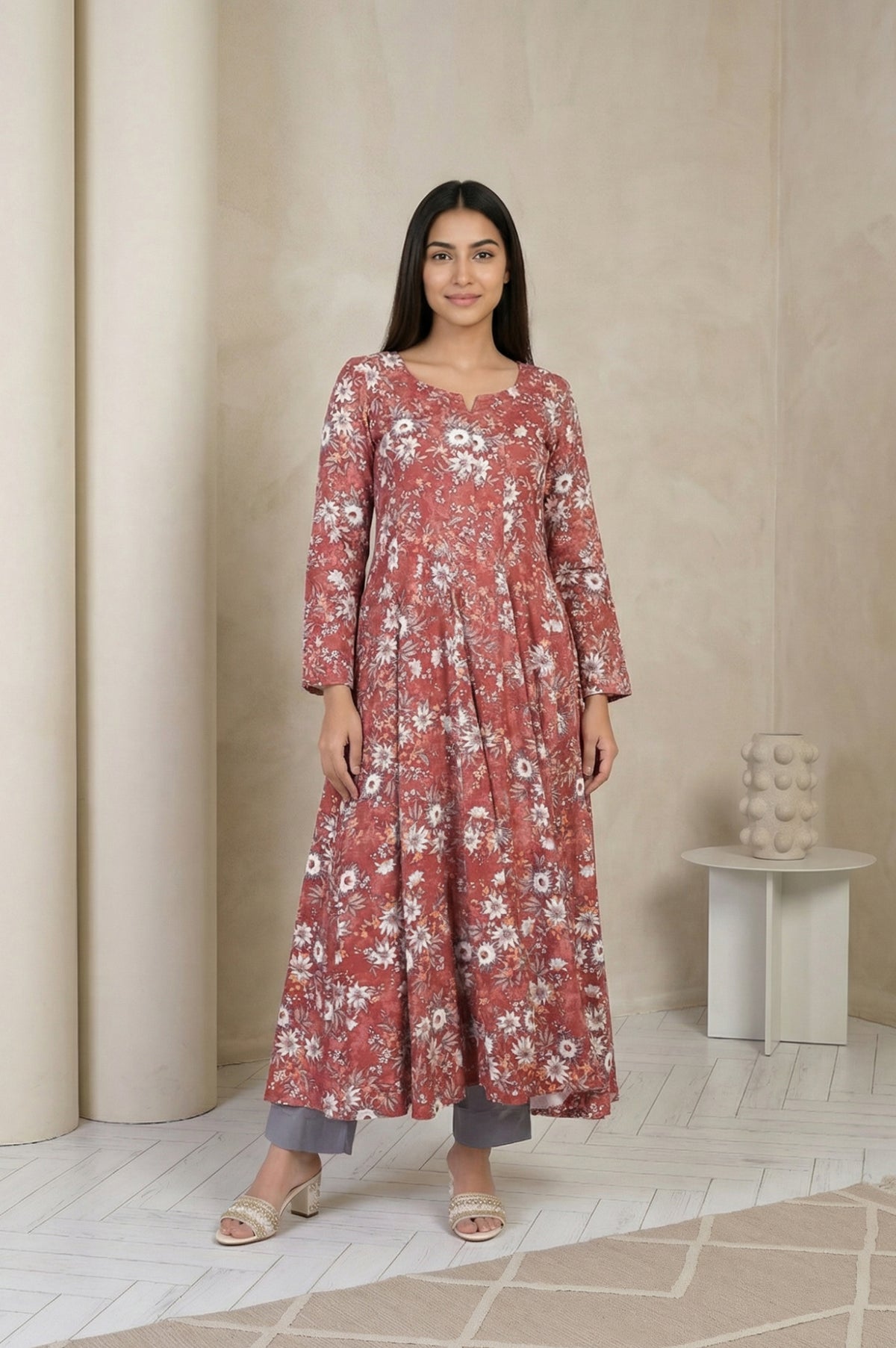 Rust Floral Printed Flared Kurta - S
