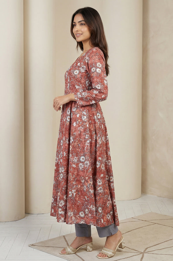 Rust Floral Printed Flared Kurta