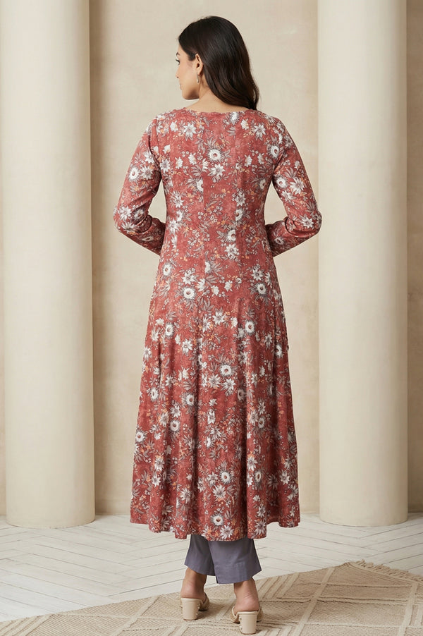 Rust Floral Printed Flared Kurta