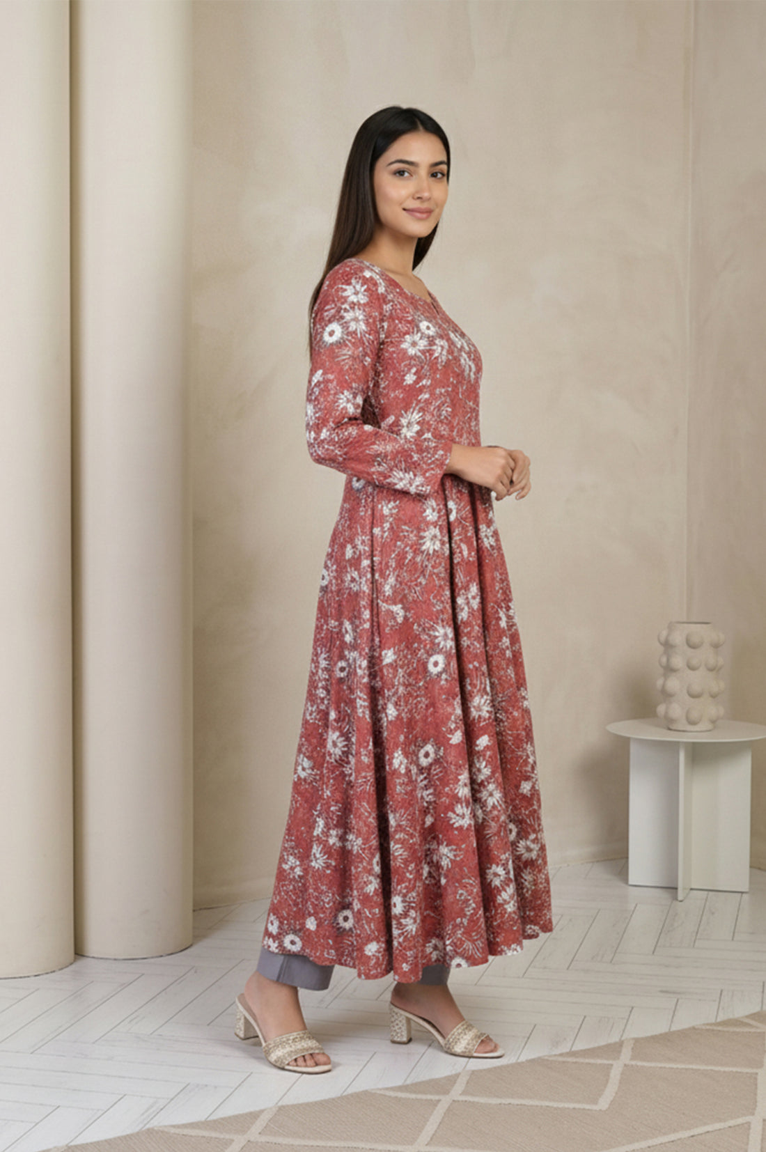 Rust Floral Printed Flared Kurta