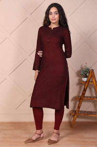 Maroon Solid Button Straight Cotton Kurta