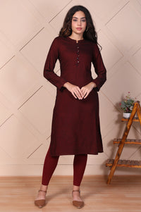 Maroon Solid Button Straight Cotton Kurta