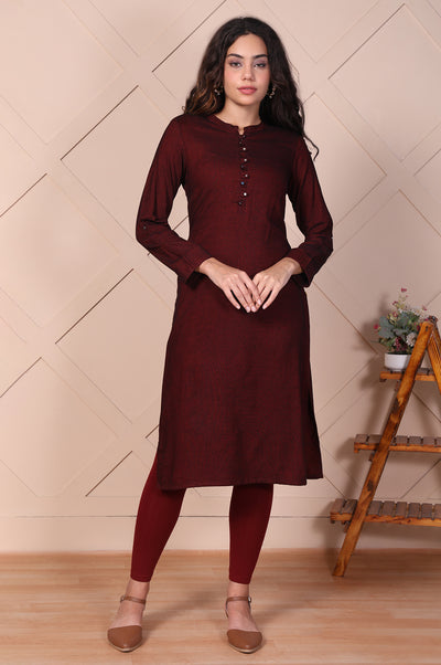 Maroon Solid Button Straight Cotton Kurta