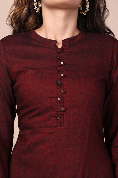 Maroon Solid Button Straight Cotton Kurta