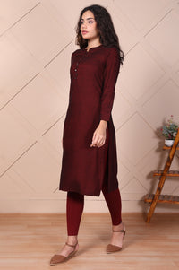 Maroon Solid Button Straight Cotton Kurta