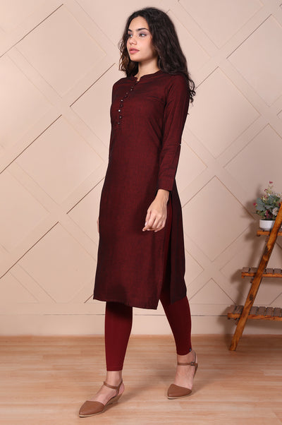 Maroon Solid Button Straight Cotton Kurta