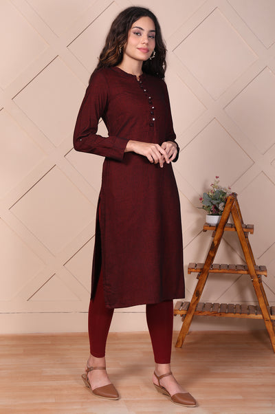 Maroon Solid Button Straight Cotton Kurta