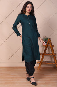Green Solid Buttoned Straight Cotton Kurta
