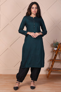 Green Solid Buttoned Straight Cotton Kurta