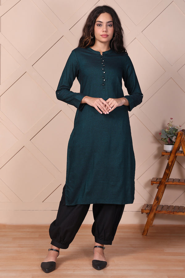Green Solid Buttoned Straight Cotton Kurta