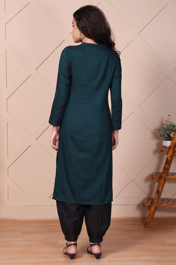 Green Solid Buttoned Straight Cotton Kurta