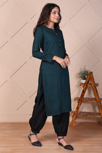 Green Solid Buttoned Straight Cotton Kurta