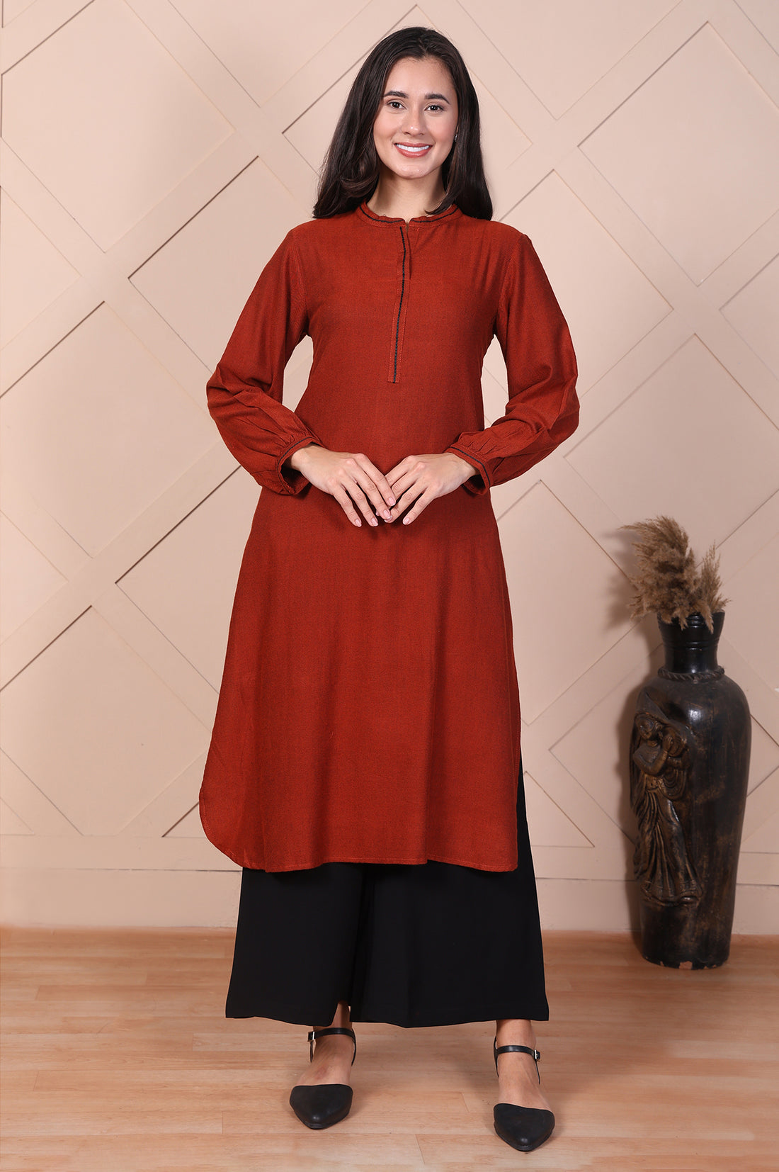Red Solid Curved Straight Kurta
