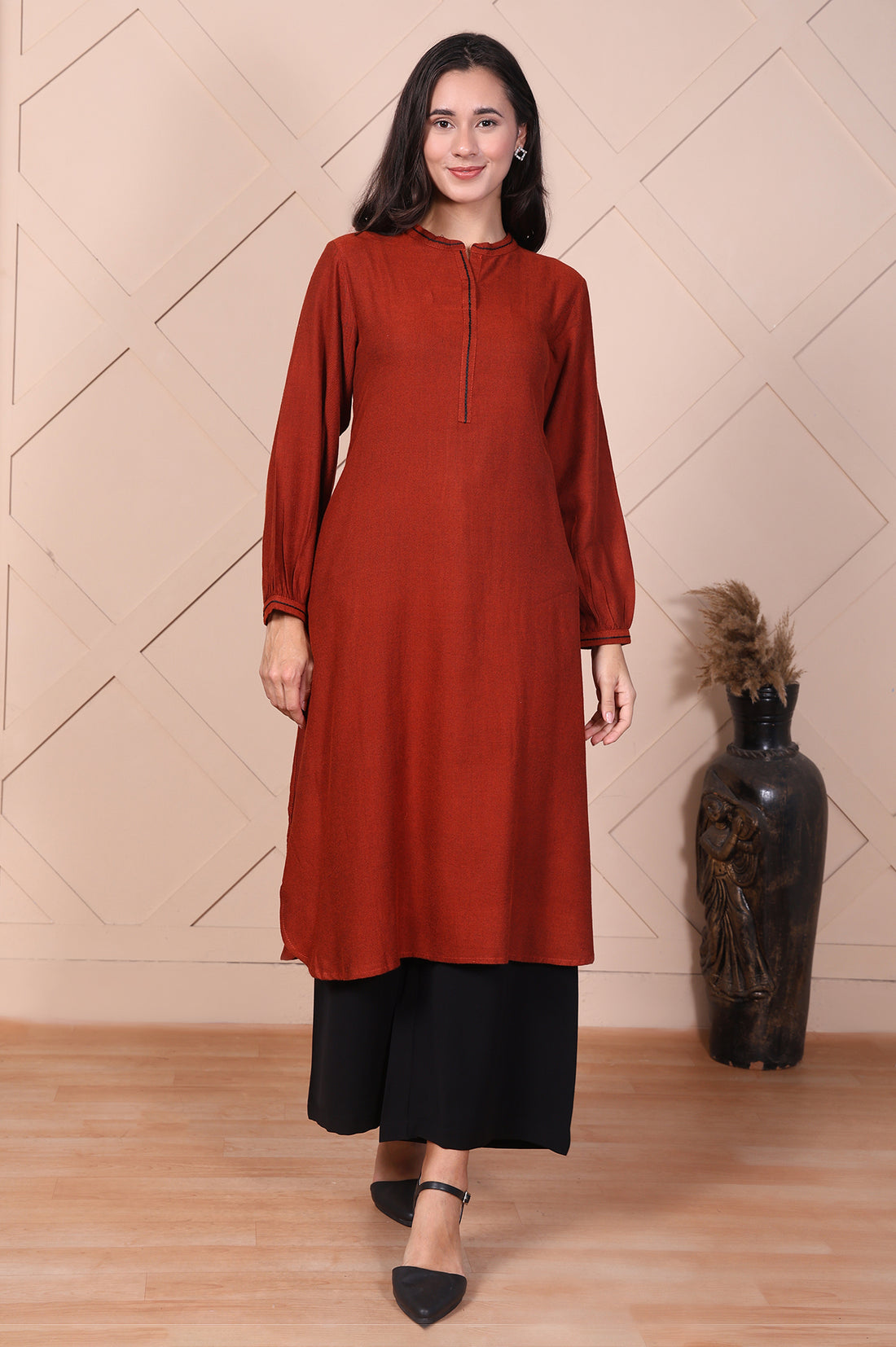 Red Solid Curved Straight Kurta