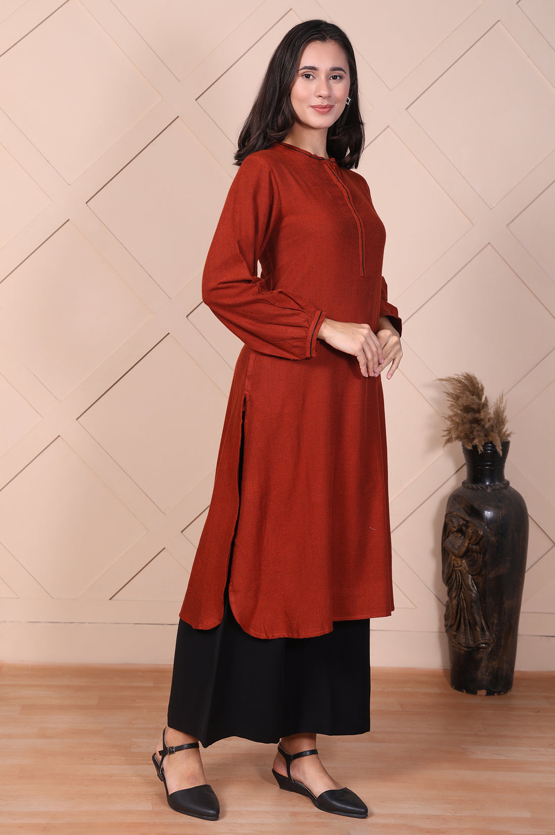 Red Solid Curved Straight Kurta