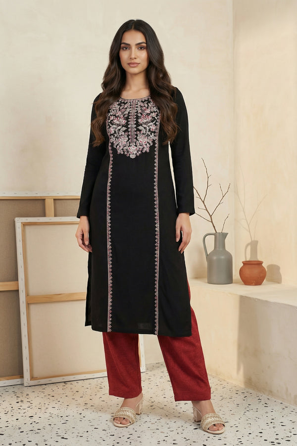 Black Embroidered Floral Thread Work Acrylic Straight Kurta for Winter