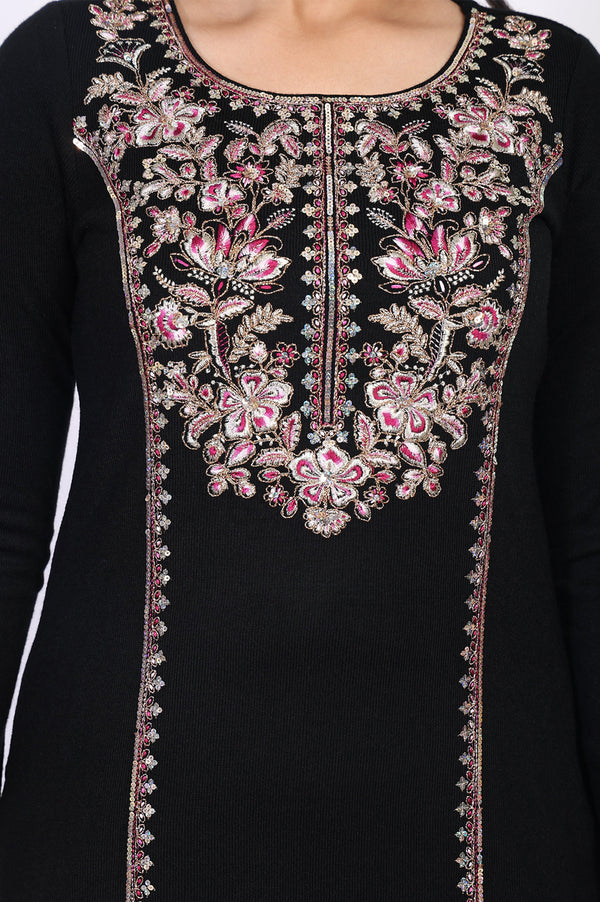 Black Embroidered Floral Thread Work Acrylic Straight Kurta for Winter
