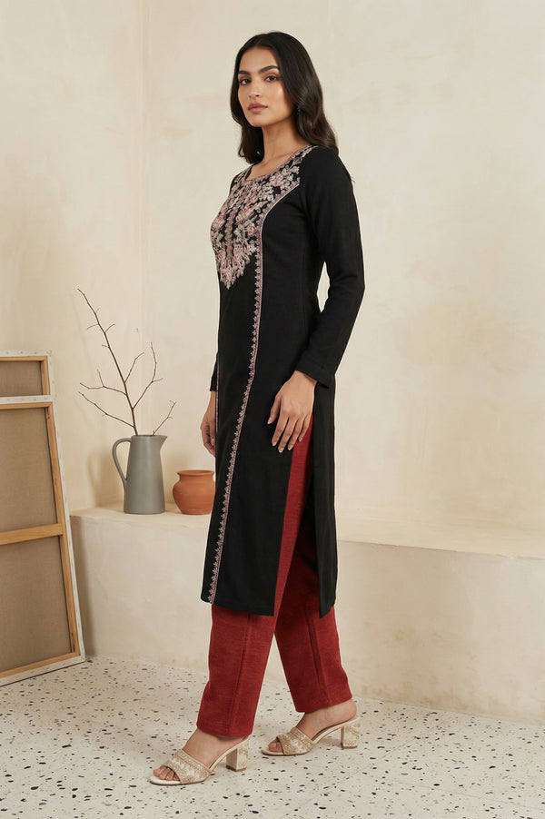 Black Embroidered Floral Thread Work Acrylic Straight Kurta for Winter