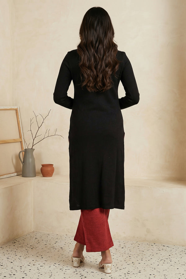 Black Embroidered Floral Thread Work Acrylic Straight Kurta for Winter