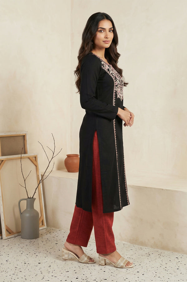 Black Embroidered Floral Thread Work Acrylic Straight Kurta for Winter