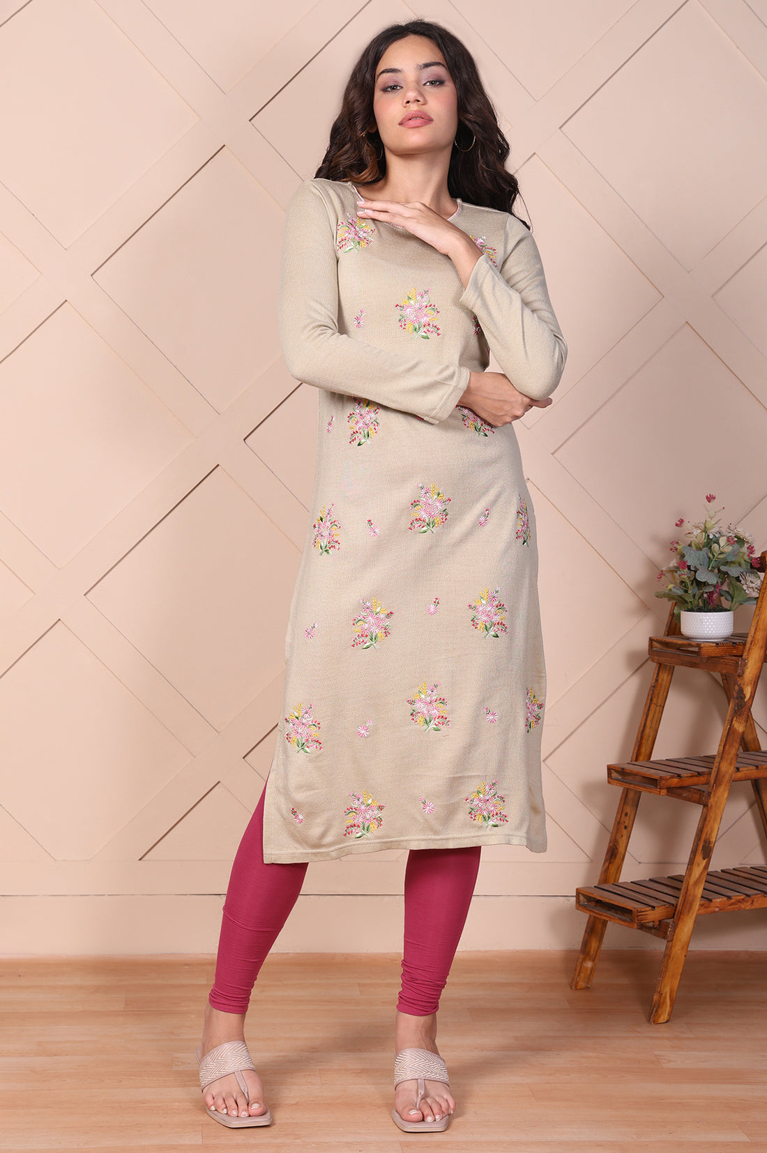 Beige Floral Embroidered Straight Acrylic Kurta