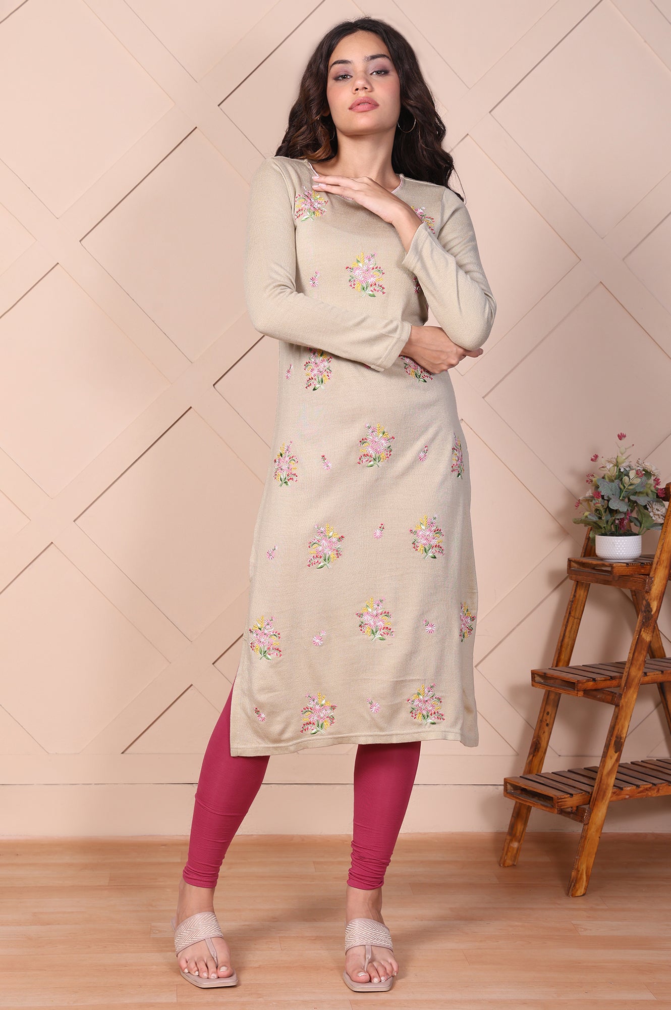 Beige Floral Embroidered Straight Acrylic Kurta