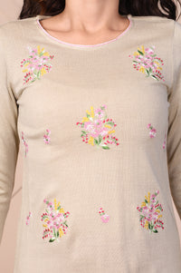 Beige Floral Embroidered Straight Acrylic Kurta