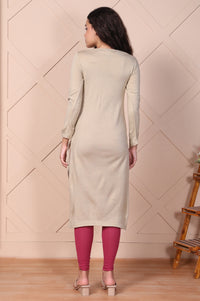 Beige Floral Embroidered Straight Acrylic Kurta