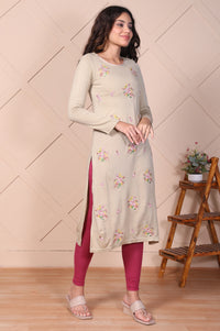Beige Floral Embroidered Straight Acrylic Kurta