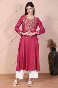Pink Embroidered Flared A-line Kurta
