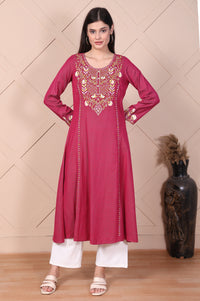 Pink Embroidered Flared A-line Kurta