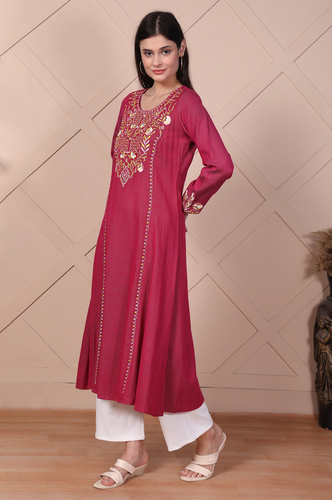 Pink Embroidered Flared A-line Kurta