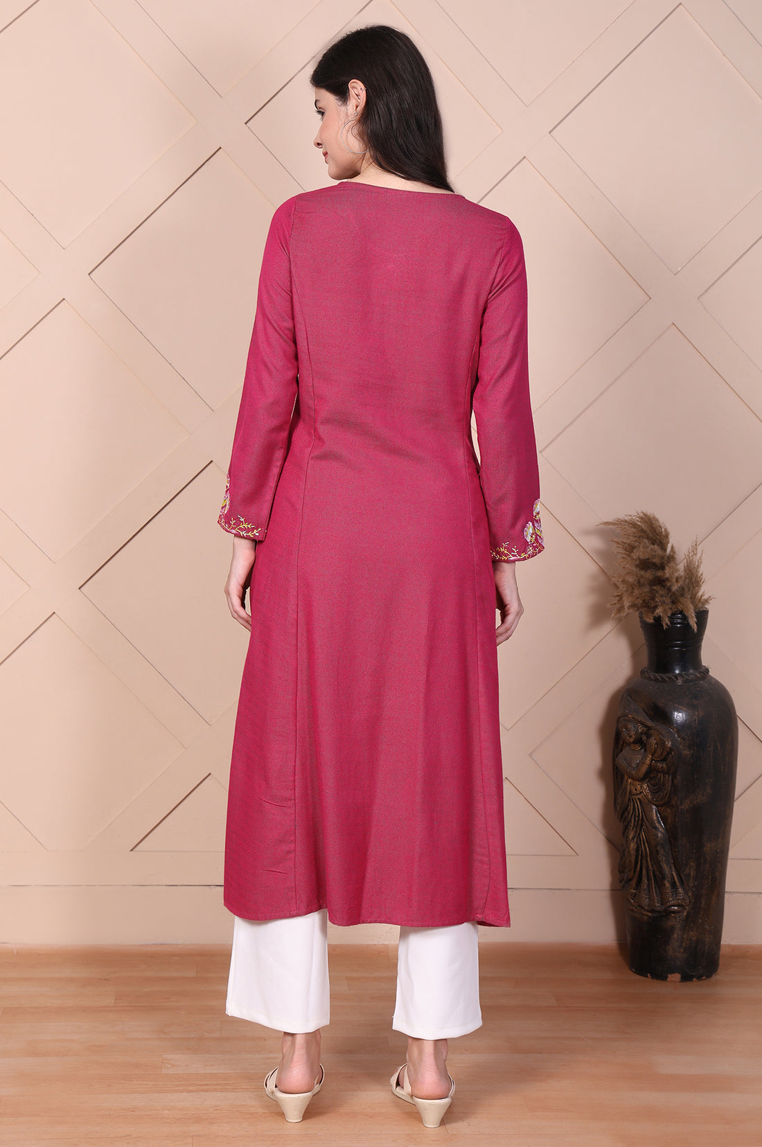 Pink Embroidered Flared A-line Kurta