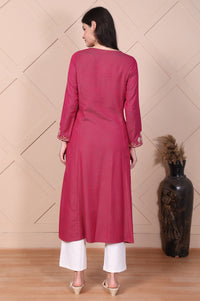 Pink Embroidered Flared A-line Kurta