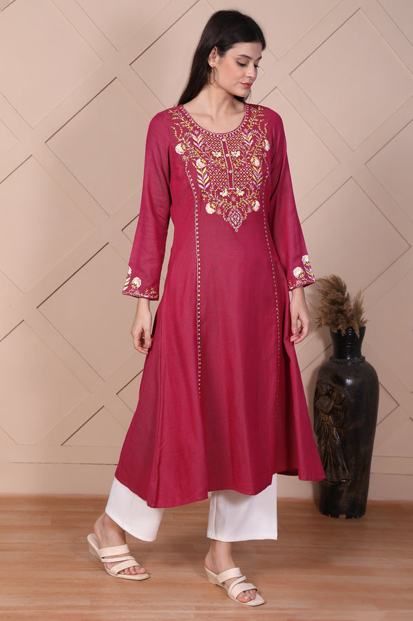 Pink Embroidered Flared A-line Kurta