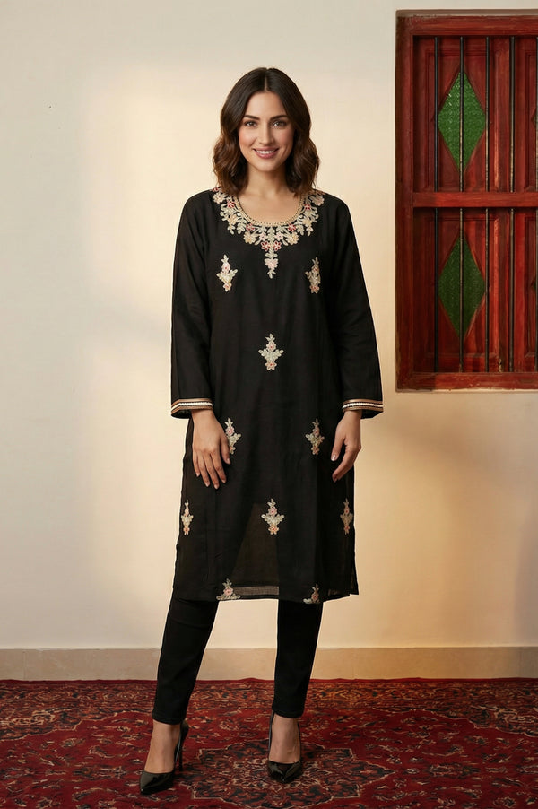 Black Thread Embroidered Acrylic Blend Straight Kurta