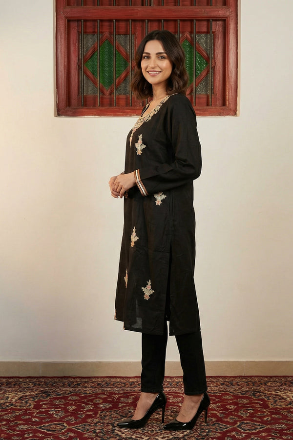 Black Thread Embroidered Acrylic Blend Straight Kurta