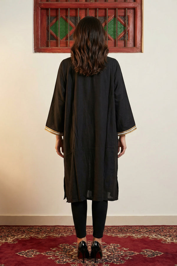 Black Thread Embroidered Acrylic Blend Straight Kurta